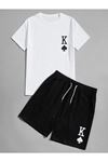K Desen T-shirt Şort - Beyaz Siyah Alt Üst Kombin Şort Tişört Takım Baskılı Oversize Bisiklet Yaka