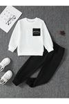 California Pamuk Çocuk Takım - Beyaz Sweatshirt Siyah Jogger Baskılı Kız Erkek Çocuk Bisiklet Yaka