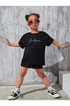 Los Angeles Yazı Baskılı Siyah Çocuk Şort T-shirt Takım-kız Erkek Çocuk Yazlık