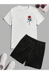 Gül Yazılı T-shirt Şort - Beyaz Siyah Alt Üst Takım Şort Tişört Kombin Baskılı Bisiklet Yaka
