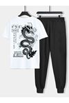 Dragon Beyaz T-shirt Siyah Eşofman Altı Jogger- Baskılı Alt Üst Eşofman Takım Oversize Bisiklet Yak