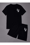 La Los Angeles T-shirt Şort - Siyah Alt Üst Kombin Şort Tişört Takım Baskılı Oversize Bisiklet Yaka