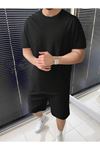 Basic Düz T-shirt Şort - Siyah Alt Üst Kombin Şort Tişört Takım Oversize Bisiklet Yaka