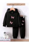 Renkli Kelebek Baskılı Pamuk Çocuk Kapüşonlu Takım - Siyah Jogger Baskılı Kız Erkek Çocuk
