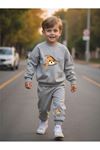 Zip Bear Baskılı Pamuk Çocuk Bisiklet Yaka Takım - Gri Jogger Baskılı Kız Erkek Çocuk