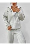 Sirra Newada Hırka Eşofman Altı Jogger- Gri Alt Üst Kombin Takım Baskılı Oversize Kapüşonlu