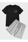 23 Sayılı T-shirt Şort - Siyah Gri Alt Üst Takım Şort Tişört Kombin Baskılı Bisiklet Yaka