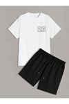 23 Sayılı T-shirt Şort - Beyaz Siyah Alt Üst Takım Şort Tişört Kombin Baskılı Bisiklet Yaka