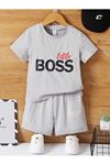 Little Boss Baskılı Pamuklu Çocuk Gri Şort T-shirt Takım-kız Erkek Çocuk Yazlık Bisiklet Yaka