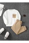 California Pamuk Çocuk Takım - Beyaz Sweatshirt Bej Jogger Baskılı Kız Erkek Çocuk Bisiklet Yaka