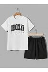 1898 Brooklyn T-shirt Şort - Beyaz Siyah Alt Üst Takım Şort Tişört Kombin Baskılı Bisiklet Yaka
