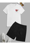Kalp Logo T-shirt Şort - Beyaz Siyah Alt Üst Takım Şort Tişört Kombin Baskılı Bisiklet Yaka