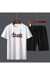 Againts T-shirt Şort - Beyaz Siyah Alt Üst Takım Şort Tişört Kombin Baskılı Bisiklet Yaka