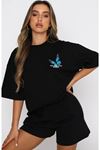 Kelebek T-Shirt Şort - Siyah Alt Üst Kombin Şort Tişört Takım Baskılı Oversize Bisiklet Yaka