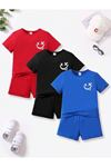 Gülen Yüz Pamuk 3'lü Çocuk Takım T-Shirt Şort- Kırmızı Siyah Mavi Baskı Çocuk Yazlık Bisiklet Yaka