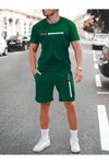 Newyork Çizgi T-Shirt Şort - Yeşil Alt Üst Kombin Şort Tişört Takım Baskılı Oversize Bisiklet Yaka