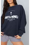 Santa Monica Los Angeles Sweatshirt - Lacivert Baskılı Oversize Bisiklet Yaka