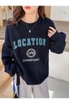 Location Champions Sweatshirt - Lacivert Baskılı Oversize Kalın Kışlık Bisiklet Yaka