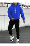 Blessed Eşofman Takımı Sweatshirt Jogger - Sax Mavi Siyah Baskılı Şardonlu Kapüşonlu