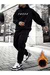 Fresh Eşofman Takımı Sweatshirt Jogger - Siyah Baskılı Şardonlu Kapüşonlu