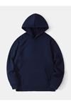 Düz Basic Kalın Kışlık Sweatshirt - Lacivert Oversize Kapüşonlu