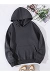 Düz Basic Kalın Kışlık Sweatshirt - Füme Oversize Kapüşonlu