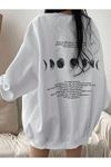Moon Phases Afraid Kışlık Kalın Sweatshirt - Beyaz Baskılı Oversize Kalın Kışlık Bisiklet Yaka