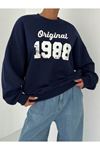 Original 1988 Sweatshirt - Lacivert Baskılı Oversize Kalın Kışlık Bisiklet Yaka