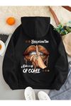 Of Coffee Lips Sweatshirt - Siyah Baskılı Oversize Kalın Kışlık Kapüşonlu
