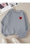 Kırmızı Minimal Kalp Sweatshirt - Boyamalı Gri Baskılı Oversize Kalın Kışlık Bisiklet Yaka