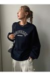 Universe Sweatshirt - Lacivert Baskılı Oversize Kalın Kışlık Bisiklet Yaka