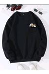 Cep Tasarım Papatya Desen Sweatshirt - Siyah Baskılı Oversize Kalın Kışlık Bisiklet Yaka