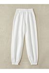 Basic Düz Eşofman Altı Jogger - Beyaz Lastik Paça Yüksek Bel
