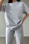 Basic T-shirt Eşofman Altı Jogger - Gri Düz Alt Üst Eşofman Takımı Oversize Bisiklet Yaka