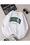 Brooklyn New York Sweatshirt - Beyaz Baskılı Oversize Kalın Kışlık Bisiklet Yaka