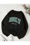 Brooklyn New York Sweatshirt - Siyah Baskılı Oversize Kalın Kışlık Bisiklet Yaka