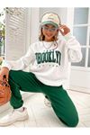Brooklyn Eşofman Takımı Beyaz Sweatshirt Yeşil Jogger - Baskılı Oversize Şardonlu Bisiklet Yaka