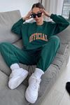 Official Eşofman Takımı Sweatshirt Jogger - Yeşil Baskılı Oversize Şardonlu Bisiklet Yaka