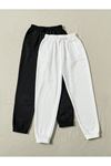 2'li Basic Düz Eşofman Altı Jogger - Siyah Ve Beyaz Lastik Paça Yüksek Bel