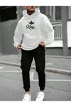 King Eşofman Takımı Beyaz Sweatshirt Siyah Jogger - Baskılı Oversize Şardonlu Kapüşonlu