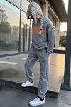 Official Eşofman Takımı Sweatshirt Jogger - Gri Baskılı Oversize Şardonlu Bisiklet Yaka