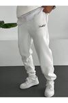 Youthfull Eşofman Altı Jogger - Beyaz Baskılı Lastik Paça Yüksek Bel