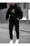 King Eşofman Takımı Sweatshirt Jogger - Siyah Baskılı Oversize Şardonlu Kapüşonlu