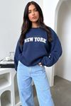 New York Thatsofetch Sweatshirt - Lacivert Baskılı Oversize Bisiklet Yaka