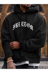 Freedom Sweatshirt - Siyah Baskılı Oversize Kapüşonlu