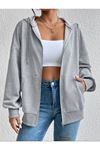 Basic Düz Hırka - Gri Oversize Kapüşonlu