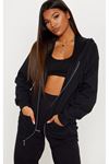 Basic Düz Hırka - Siyah Fermuarlı Oversize Kapüşonlu