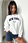 New York U.S.A Sweatshirt - Beyaz Baskılı Oversize Bisiklet Yaka