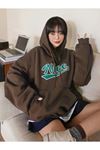 Kadın Kahverengi Nice Baskılı Kapüşonlu Oversize Sweatshirt