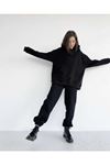 Unisex Kapüşonlu Eşofman Takımı Siyah Düz Basic Oversize